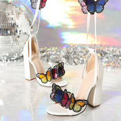 Open Toe White High Heels Sandals with Embroidery for Women