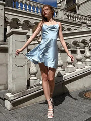 Elegant Spaghetti Strap Satin Dress in Pink and Blue for Parties