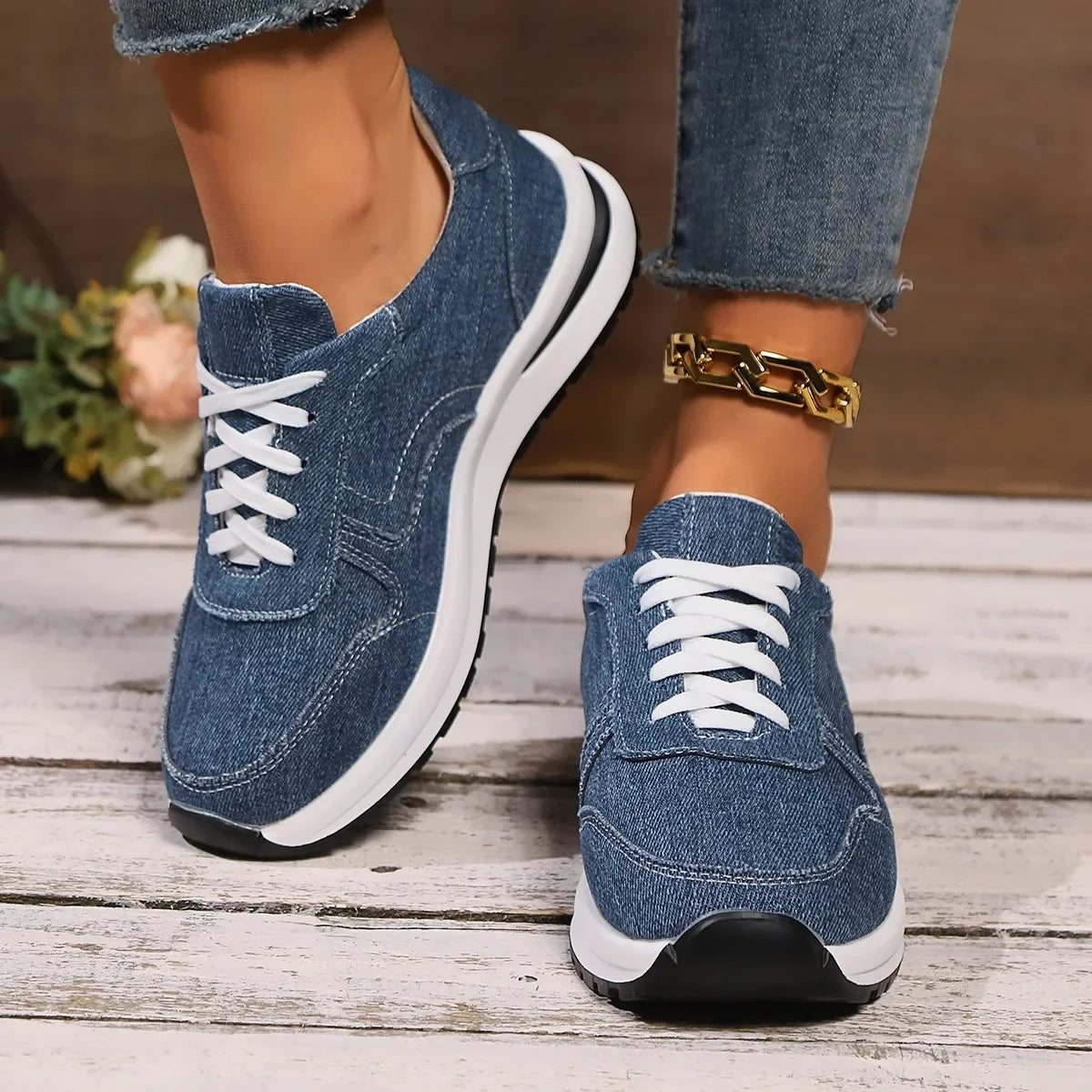 Women's Blue Denim Platform Sneakers with Thick Sole and Lace Up Style