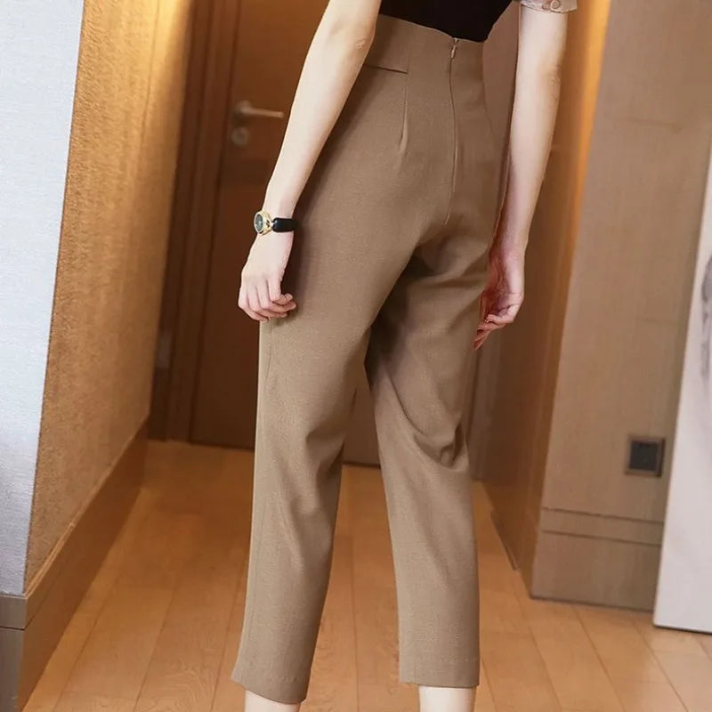 Leisure Women's High Waist Solid Color Slim Straight Pants