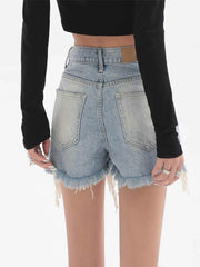 High Waist Ripped Denim Jean Shorts with Tassels for Women