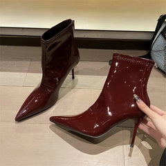 Women's Patent Leather Ankle Boots with High Heels and Zipper