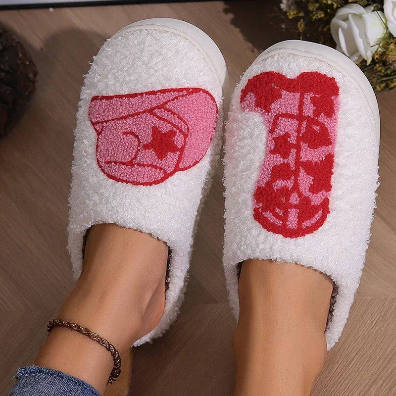 Winter Strawberry Pattern Women's Cotton Fluffy Slippers for Home