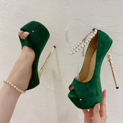 Green Peep Toe Ankle Strap High Heels for Women