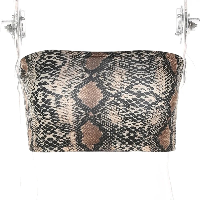 Women's Snake Skin Printed Tube Top Strapless Crop Top Bralette