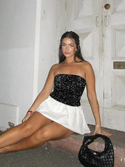 Black White Sequins Patchwork Ruched Mini Dress for Night Out