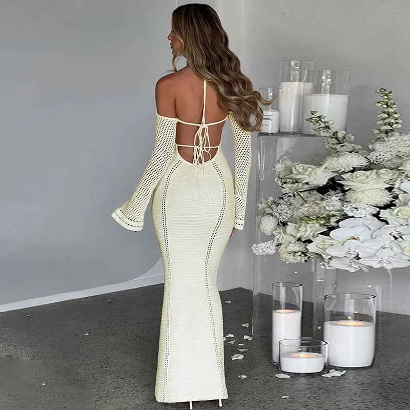 White Off Shoulder Halter Knit Dress with Backless Design