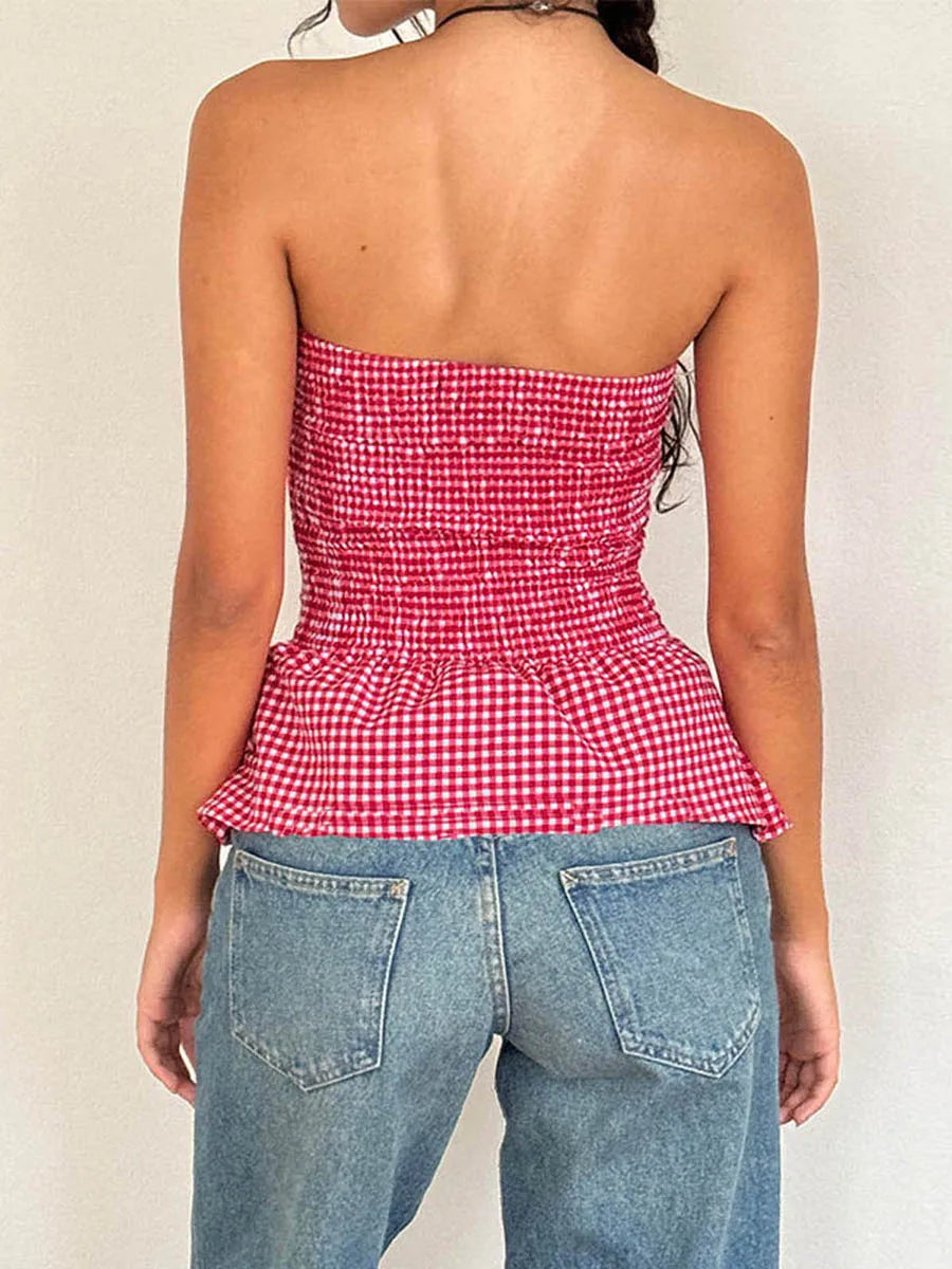 Women's Red Gingham Crop Top with Ruffle Hem and Button Detail