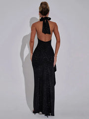 Black Maxi Dress with High Split and Sparkle Details