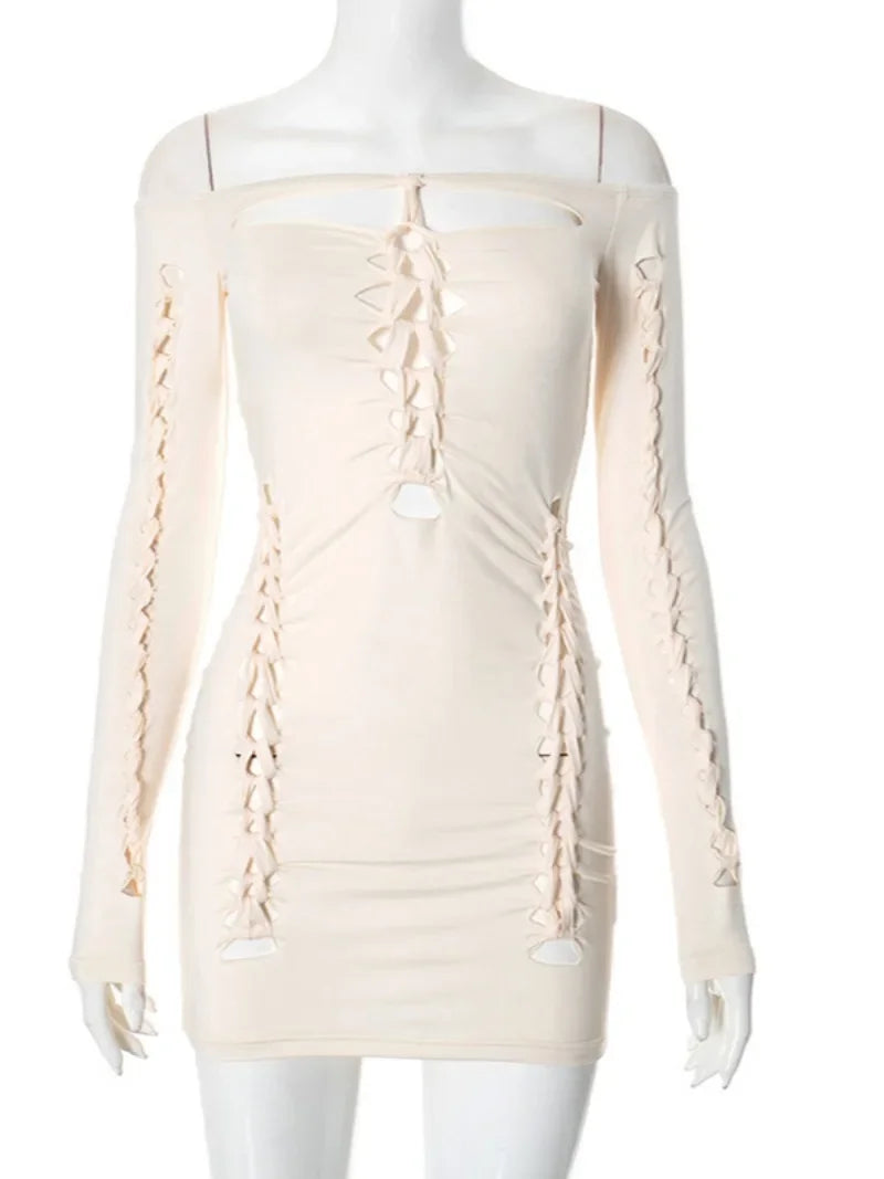 Women's Apricot Off-Shoulder Mini Dress with Hollow Out Design