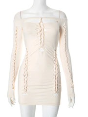 Women's Apricot Off-Shoulder Mini Dress with Hollow Out Design