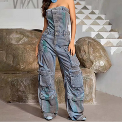 Women's Denim Spliced Pockets Sleeveless High Waist Jumpsuit