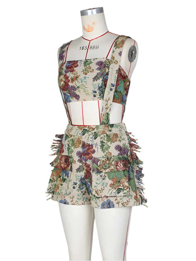 Ensemble deux pièces à imprimé floral vintage avec haut tube et short à pompons