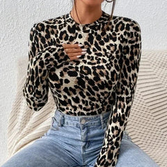 Women's Leopard Print Long Sleeve Bodysuit with Stand Collar