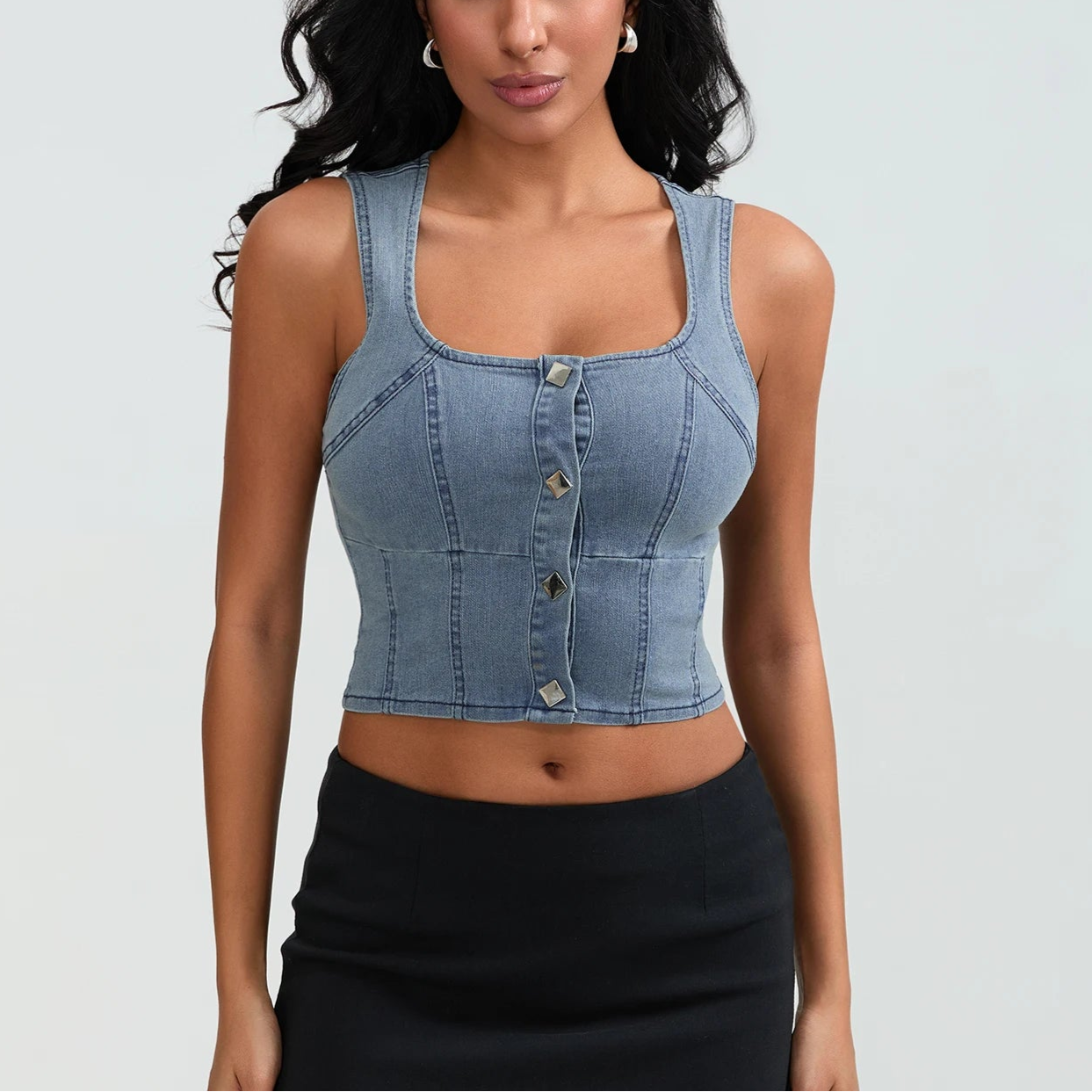 Women's Blue Sleeveless Square Neck Denim Tank Top for Summer Clubwear