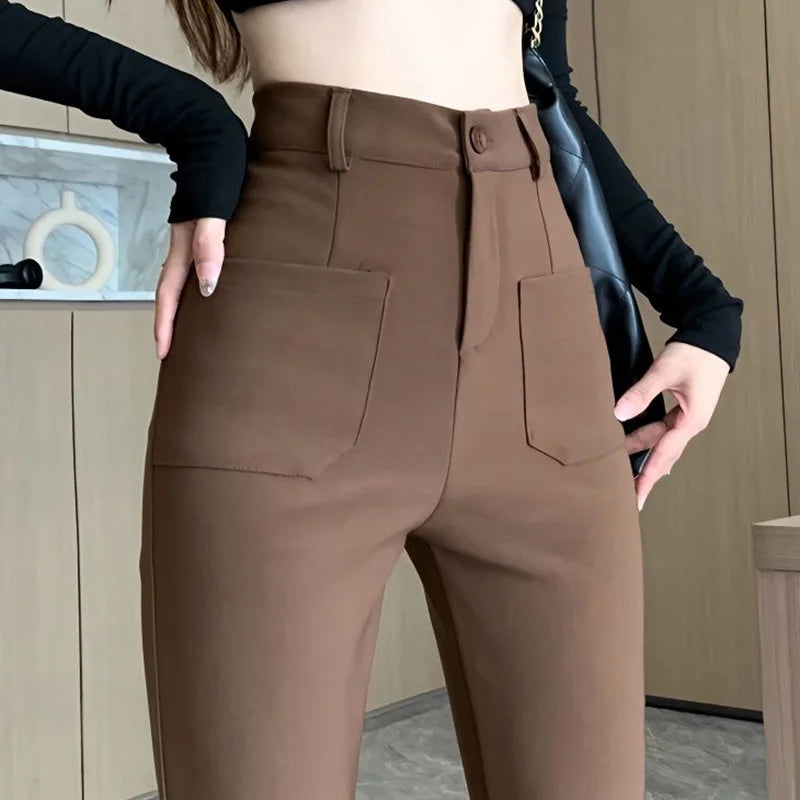 Coffee Colored High Waist Micro Flared Pants with Double Pockets