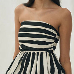 Women's Striped Print Strapless Ruched Backless Cropped Top