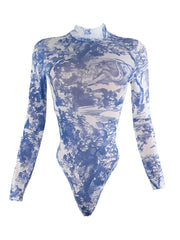 Shestyle Mesh Cloud Print Sheer Long Sleeve Bodysuit