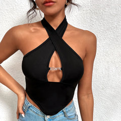 Off Shoulder Cross Bandage Halter Crop Top for Women - Sleeveless Camisole