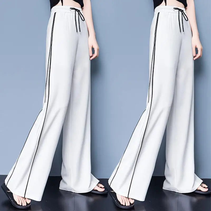 All-Match Black and White Drawstring Wide Leg Trousers for Women