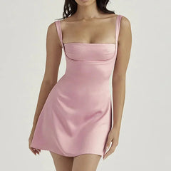 Pink Mini Dress with Square Neckline and Fitted Bodice