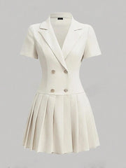 Women's Elegant White Pleated Mini Dress with Lapel Neck and Short Sleeves