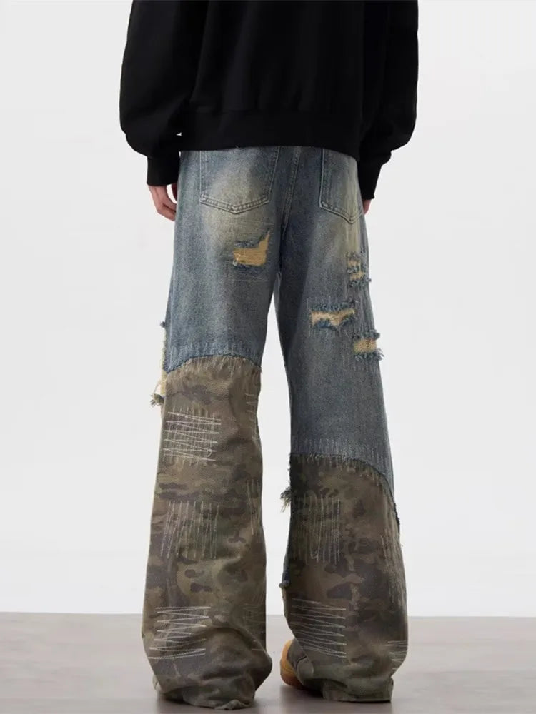 Men's Ripped Stacked Baggy Jeans – Camouflage Patchwork Wide-Leg Pants