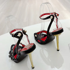 Summer Open Toe Rivet Crystal Women Sandals with Buckle Strap