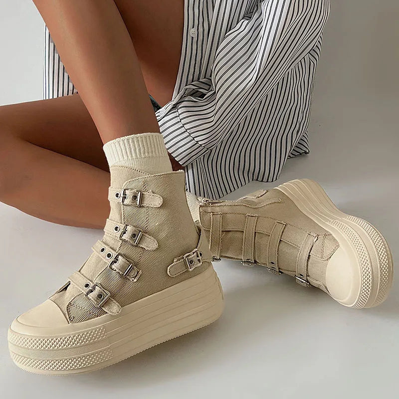 Women's High-Top Platform Canvas Boots – Buckle & Zipper Casual Sneakers