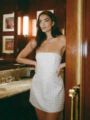 Women's White Strapless A-line Beaded Backless Party Dress