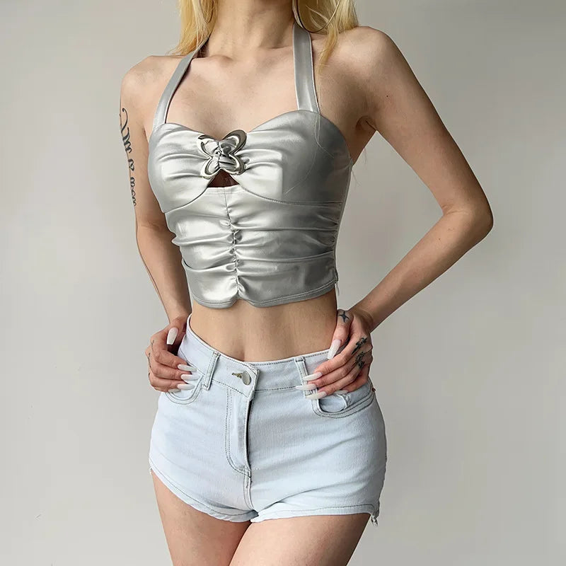 Silver PU Leather Butterfly Buckle Halter Crop Top for Women