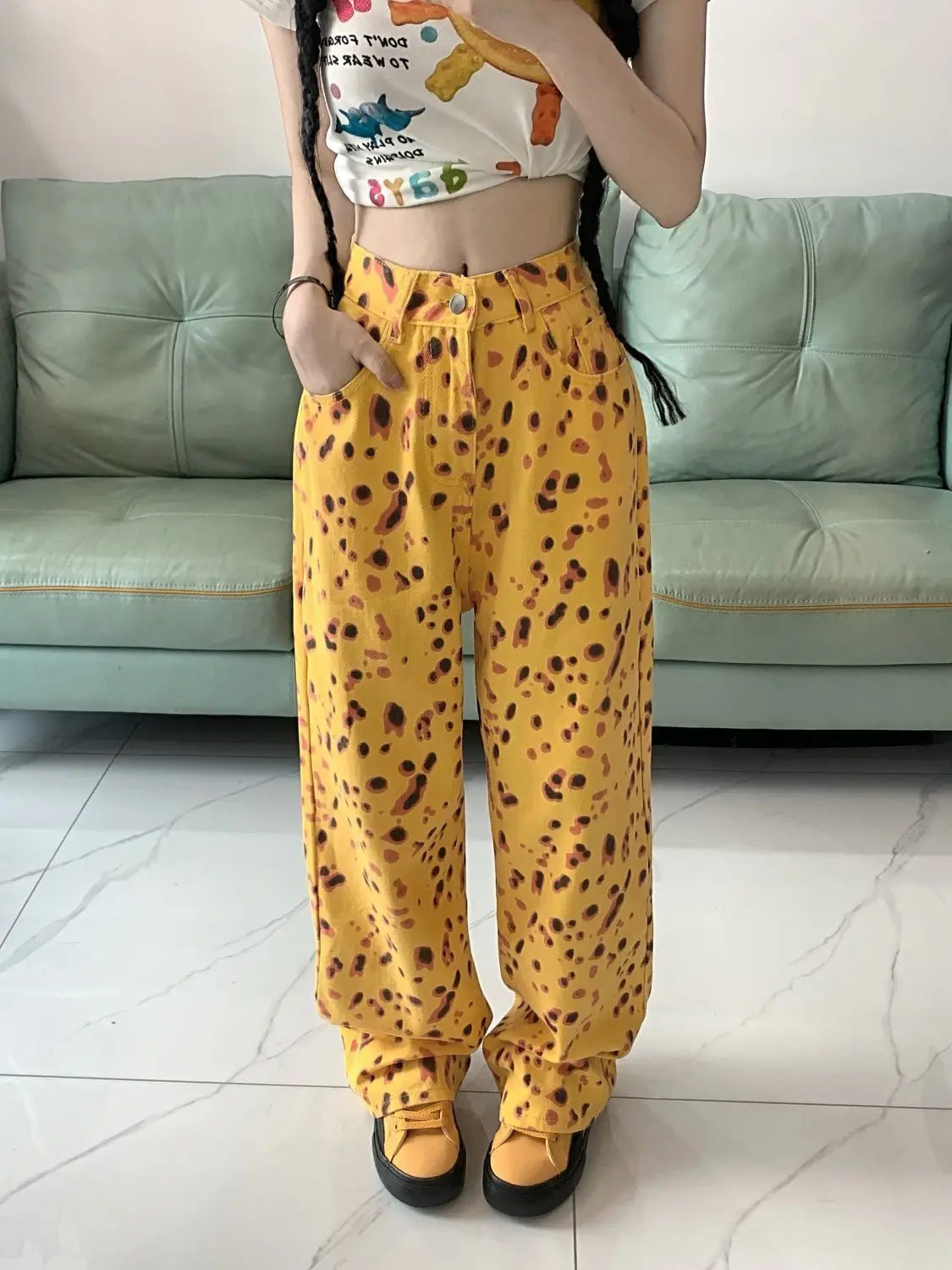 Personalized Yellow Leopard Print Wide-Leg Jeans for Women