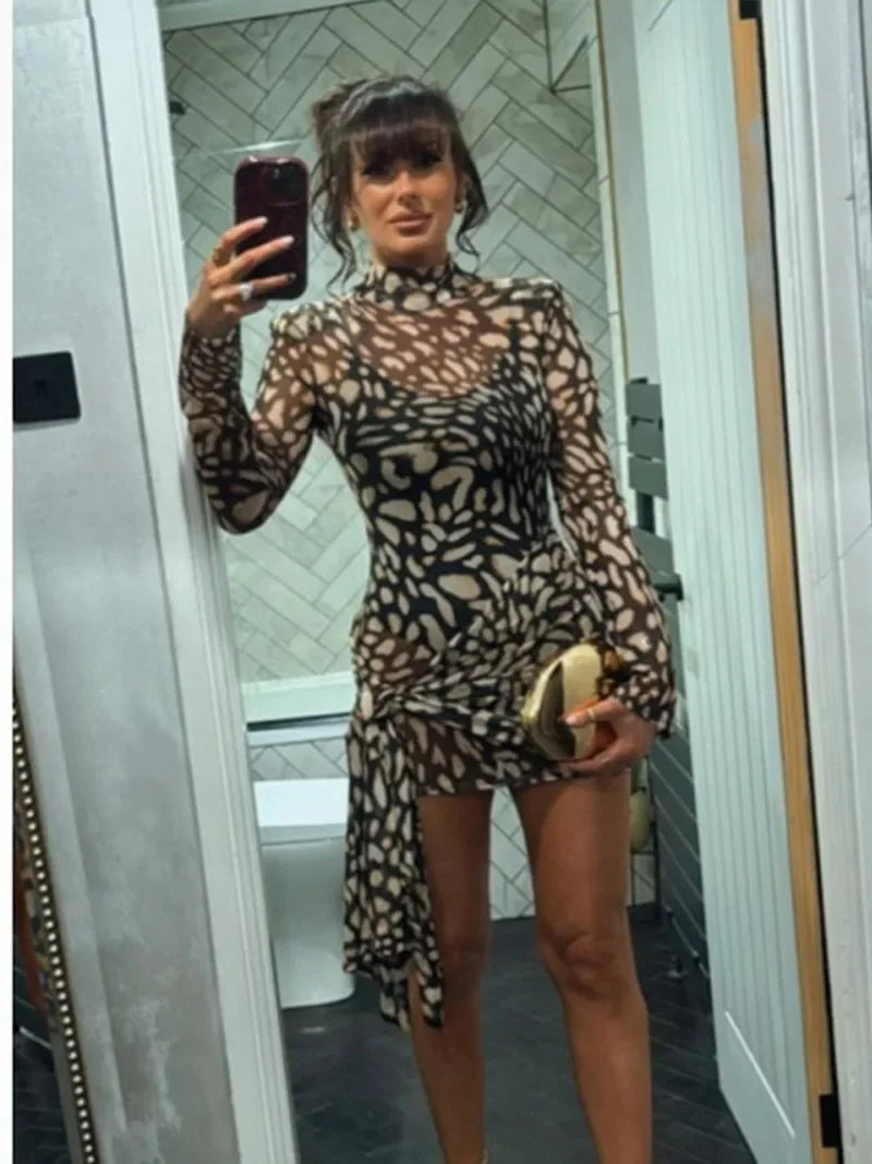 Women's Leopard Print See-Through Mesh Turtleneck Dress