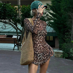 Stylish Leopard Print Long Sleeve Mini Dress