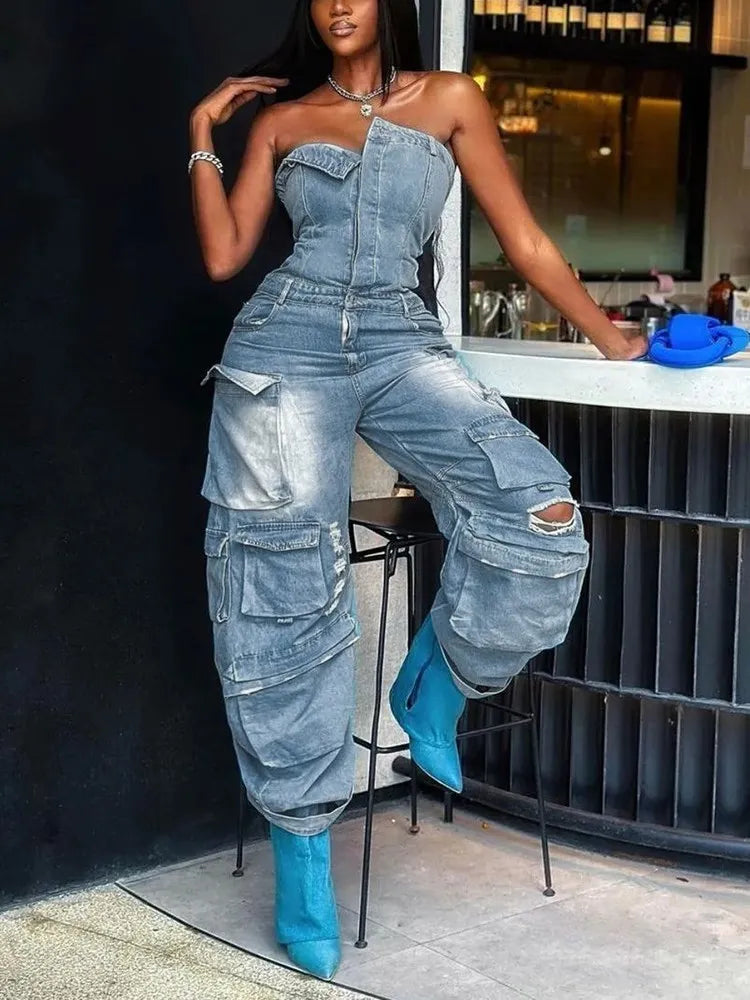 Solid Patchwork Pocket Casual Denim Jumpsuit for Women Strapless