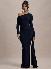 Skew Collar Long Sleeve Backless Draped Ruched Bodycon Maxi Dress