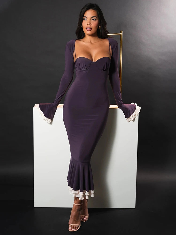 Long Sleeve Maxi Dress with Square Collar and Fishtail Hem