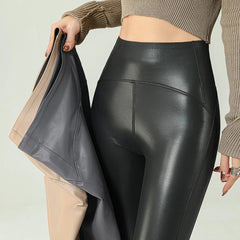 High Waist Black Fleece PU Leather Leggings for Women