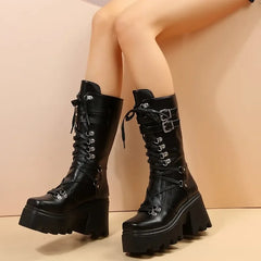 Women's Fashion Solid Color Mid Tube Lace Up Platform Wedge Boots