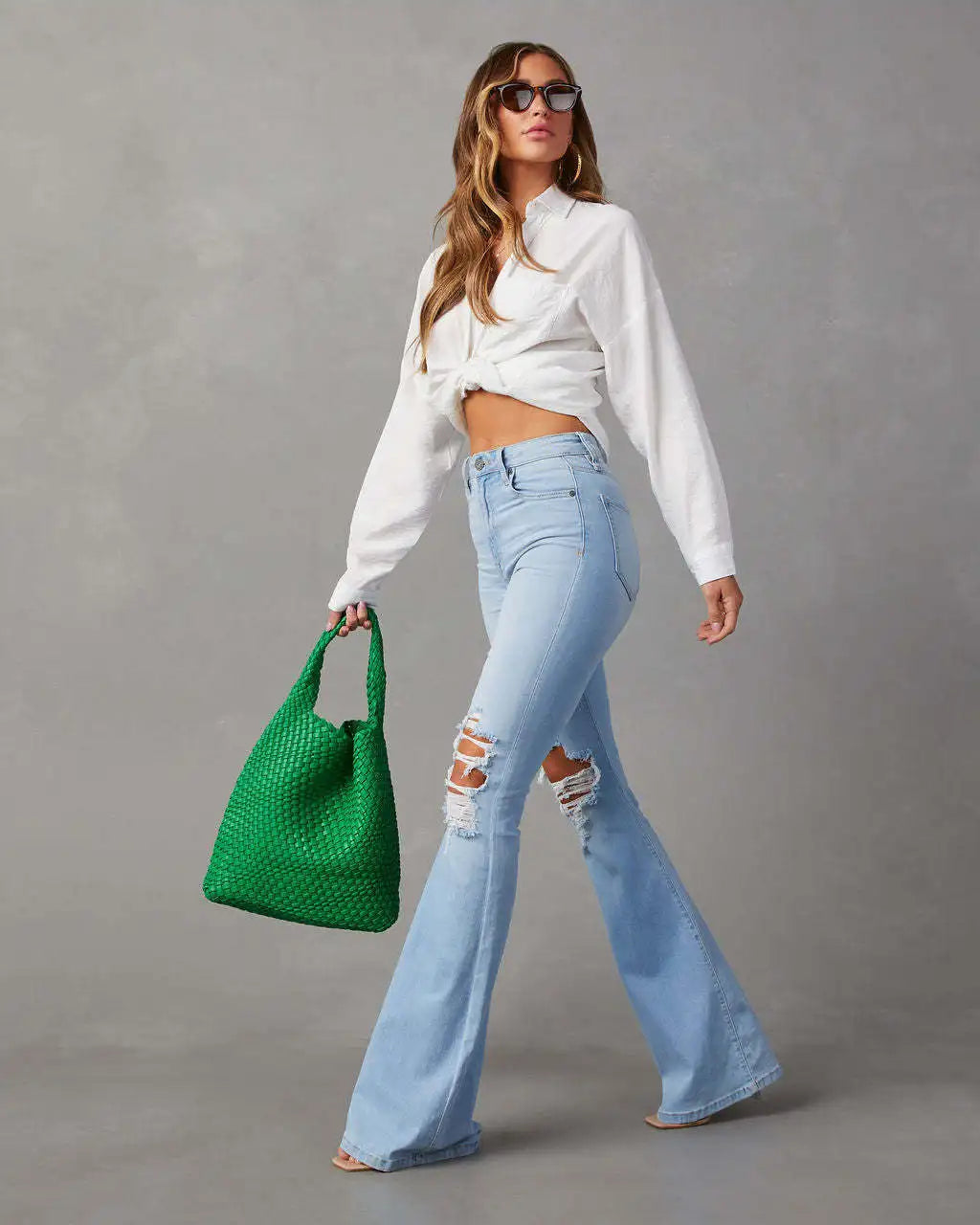 Blue High Waist Flare Jeans for Women Casual Denim Pants