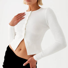 Women’s Knit Ribbed Button Front Long Sleeve Crop Top for Grunge Style