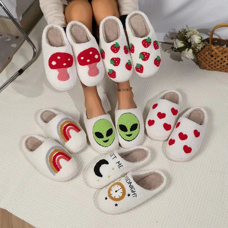 Winter Strawberry Pattern Women's Cotton Fluffy Slippers for Home