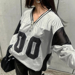 Patchwork Casual Women’s V-Neck Full Sleeve Oversized T-Shirt