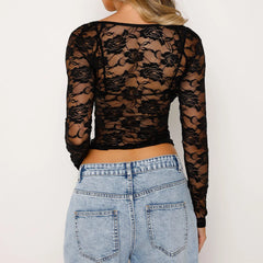 Women's Floral Lace Long Sleeve Mesh Shirt Top Retro Streetwear