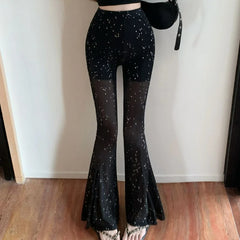 Korean Black High Waist Mesh Flare Pants for Women Summer Casual