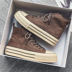 Unisex High-Top Platform Sneakers – Beige Canvas Thick-Sole Lace-Up Shoes