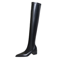 Women's Over Knee High Pu Leather Pointed Toe Boots with Thick Heel