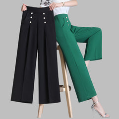 Women's Ice Silk Wide Leg Trousers with Button Pockets and Drape Style