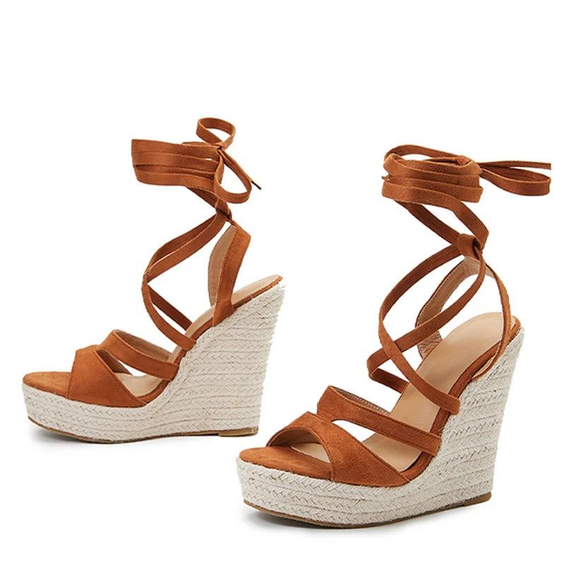 Women's Lace-Up Summer Wedge Sandals Peep Toe Straw High Heels