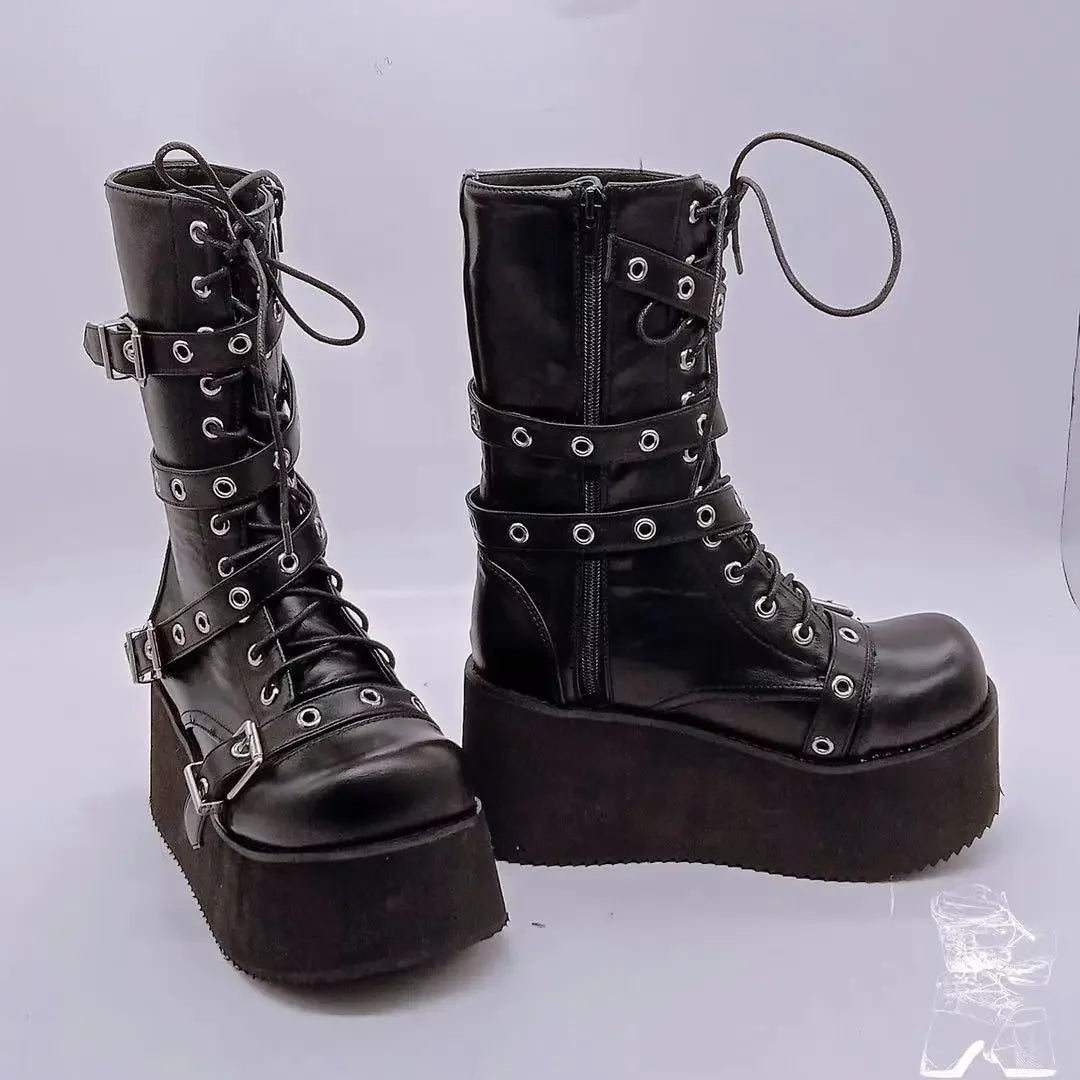 Bottes de combat compensées à bout rond et boucle pour femmes de grande taille pour l'automne